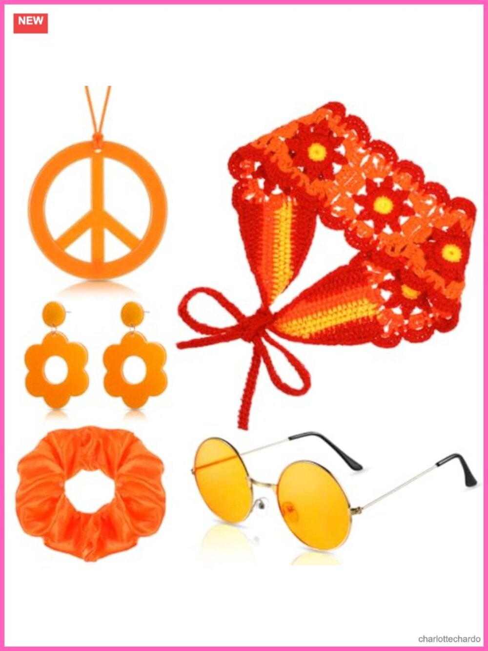 5 Pc 70s Hippie Costume Accessory Set for Women - Plastic Sunglasses Necklace